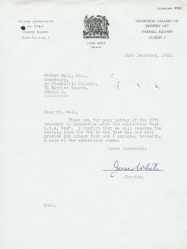 Letter from James White, Municipal Gallery of Modern Art to Mervyn Wall, Secretary of the Arts Council. [Letter reproduced courtesy of the Dublin City Gallery The Hugh Lane]